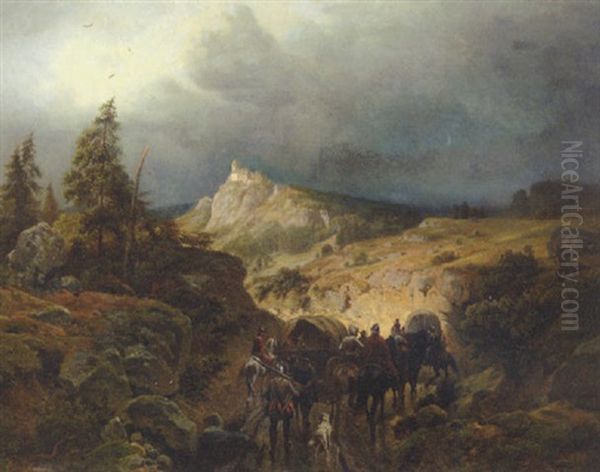 Soldiers In A Rocky Landscape Oil Painting by Wilhelm Camphausen