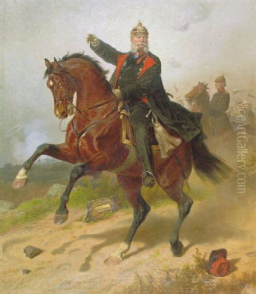 Kaiser Wilhelm I. Von Preussen Uz Pferd, Im Hintergrund Motke Oil Painting by Wilhelm Camphausen