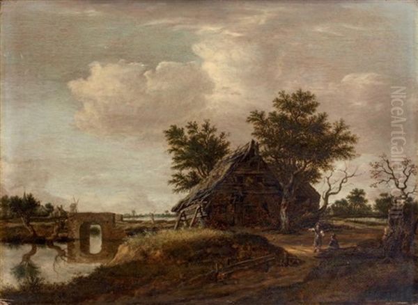 Fermes En Bordure De Riviere; A Gauche, A L'arriere Plan, Un Village Avec Son Eglise Et Son Moulin Oil Painting by Dirk-Raphaelsz Camphuysen