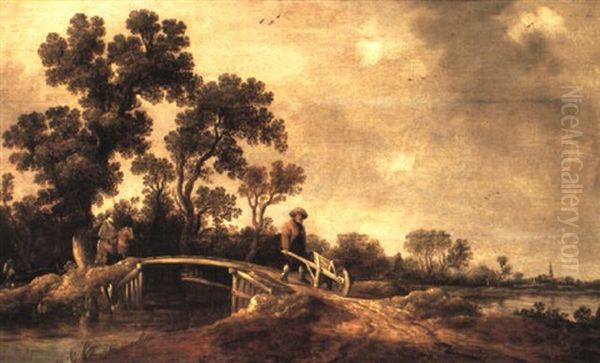 A River Landscape With Figures On A Bridge Oil Painting by Dirk-Raphaelsz Camphuysen