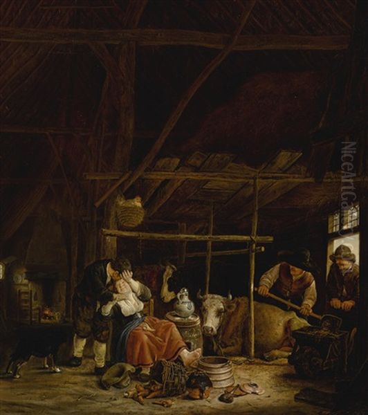 An Amorous Couple In A Barn With Herdsmen At The Door Oil Painting by Govert Dircksz Camphuysen