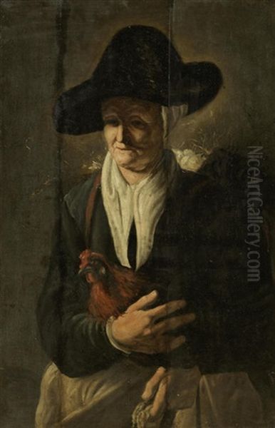 An Elderly Lady Holding A Chicken Oil Painting by Govert Dircksz Camphuysen