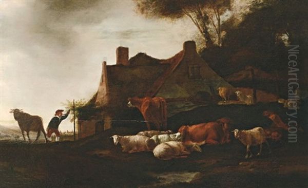 Vieh Auf Der Weide Vor Einem Bauernhaus Oil Painting by Govert Dircksz Camphuysen