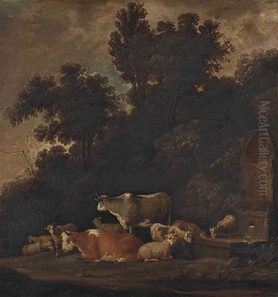 A Wooded Landscape With Cattle, Sheep And Goats By A Fountain Oil Painting by Govert Dircksz Camphuysen