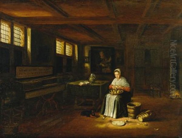 A Woman In An Interior Peeling Vegetables Oil Painting by Govert Dircksz Camphuysen