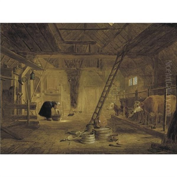 A Barn Interior With Four Cows, A Milk Maid Cleaning A Pot, And Earthenware Pots In The Foreground Oil Painting by Govert Dircksz Camphuysen