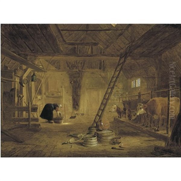 A Barn Interior With Four Cows, A Milk Maid Cleaning A Pot, And Earthenware Pots In The Foreground Oil Painting by Govert Dircksz Camphuysen