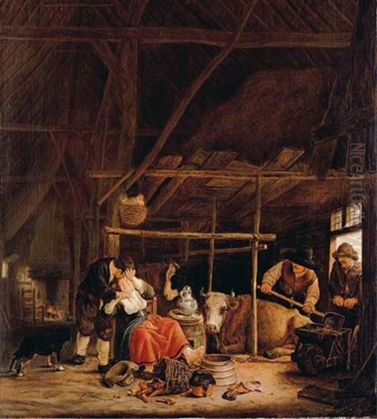 An Amorous Couple In A Barn With Herdsmen At The Door Oil Painting by Govert Dircksz Camphuysen