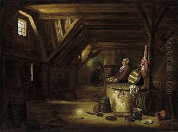 Zwei Magde Bei Der Zubereitung Von Speisen Oil Painting by Govert Dircksz Camphuysen