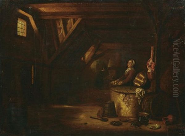 Zwei Magde In Der Kuche, Speisen Zubereitend, Im Vordergrund Diverse Kuchenutensilien Oil Painting by Govert Dircksz Camphuysen