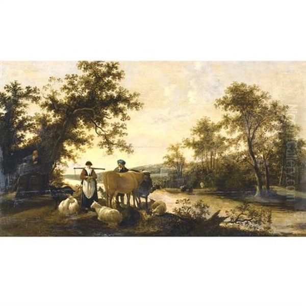 A River Landscape With Peasants And Livestock by Govert Dircksz Camphuysen