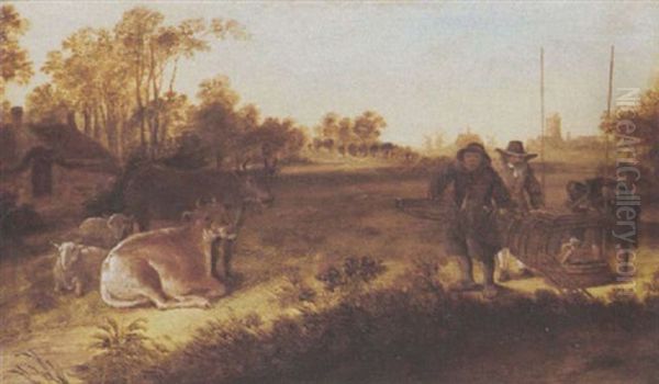 A Landscape With Fishermen Holding A Ducktrap, Cows And Sheep Nearby Oil Painting by Govert Dircksz Camphuysen