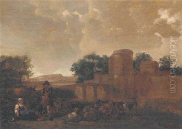 A Shepherd And Shepherdess Resting Near A Fortified Town Oil Painting by Govert Dircksz Camphuysen