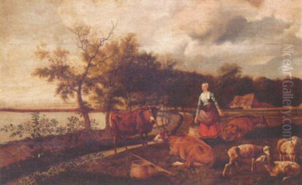 Landskap Med Mjolkpiga Och Boskap Oil Painting by Govert Dircksz Camphuysen