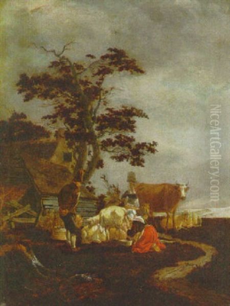 A Peasant, A Milkmaid And A Washerwoman With Sheep And A Cow Outside A Cottage by Govert Dircksz Camphuysen