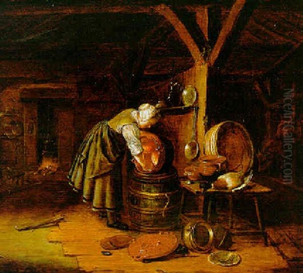 A Scullery Maid Scrubbing A Copper Pot In A Kitchen Interior Oil Painting by Govert Dircksz Camphuysen