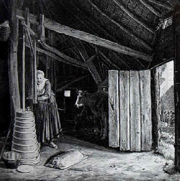 Interior Of A Barn With A Milkmaid Churning Butter Oil Painting by Govert Dircksz Camphuysen