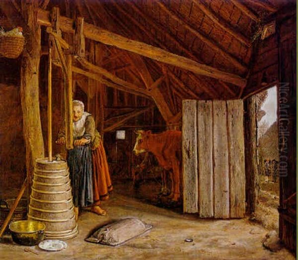 Interior Of A Barn With Milkmaid Churning Butter Oil Painting by Govert Dircksz Camphuysen