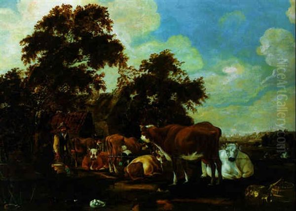 Peasants Milking Cows By A Farmhouse Oil Painting by Govert Dircksz Camphuysen