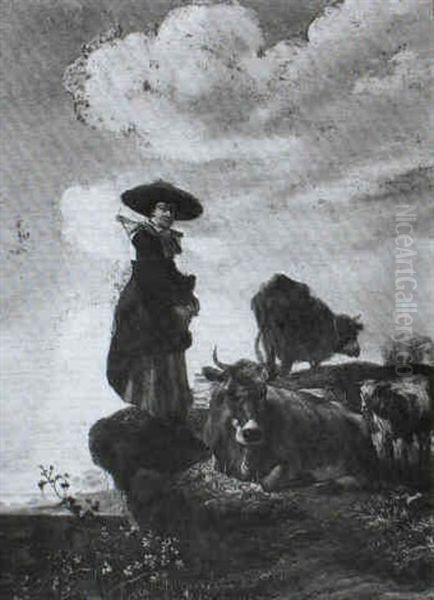 Milkmaid Standing On A Bank With Her Cattle Oil Painting by Govert Dircksz Camphuysen