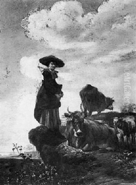 A Milkmaid Standing On The Lip Of A Bank Beside Her Herd Of Cattle And Sheep With A River Valley Beyond Oil Painting by Govert Dircksz Camphuysen