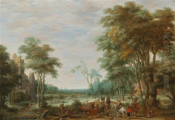 A Wooded Landscape With Horsemen And Travellers Oil Painting by Joachim Govertsz Camphuysen