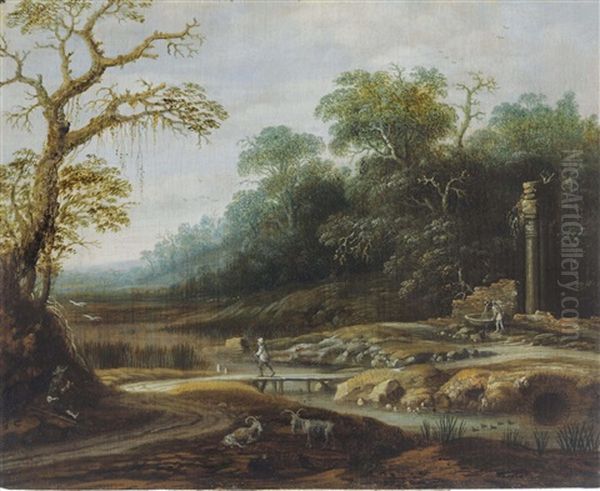 A Wooded Landscape With Herdsman Nearby Classical Columns Oil Painting by Joachim Govertsz Camphuysen