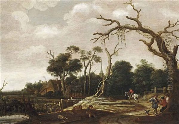 A Wooded Landscape With Travellers On A Road, A Swineherd Near The River Bank And A Village Beyond Oil Painting by Joachim Govertsz Camphuysen