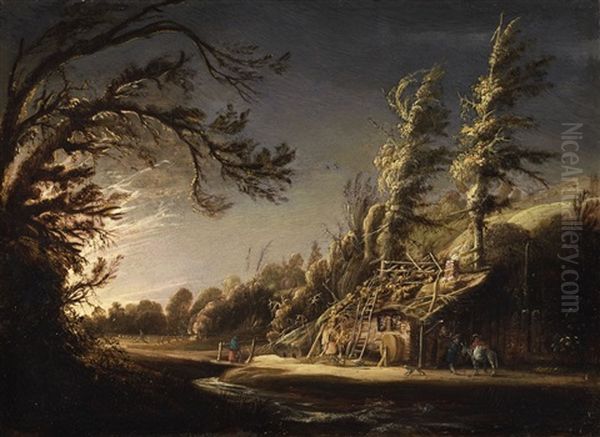 A Wooded Landscape With Peasants And A Donkey by Joachim Govertsz Camphuysen