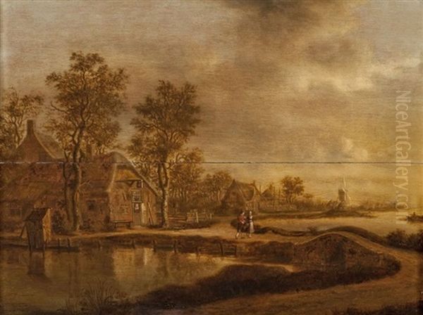 Paysage De Riviere Avec Deux Paysans Pres D'une Chaumiere Oil Painting by Joachim Govertsz Camphuysen