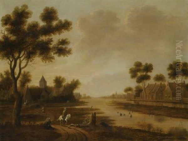 A Landscape Wirth Travellers On A Path Oil Painting by Joachim Govertsz Camphuysen