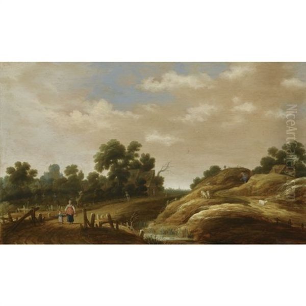 A Dune Landscape With A Peasant Woman And Child On A Path, Farm Houses Beyond Oil Painting by Joachim Govertsz Camphuysen