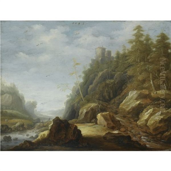 A Rocky Mountain Landscape With A Stronghold On A Hill Top, Shepherds With Their Flock Beyond Oil Painting by Joachim Govertsz Camphuysen