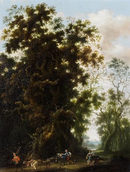 A Wooded Landscape With A Shepherd And His Flock On A Country Path Oil Painting by Joachim Govertsz Camphuysen