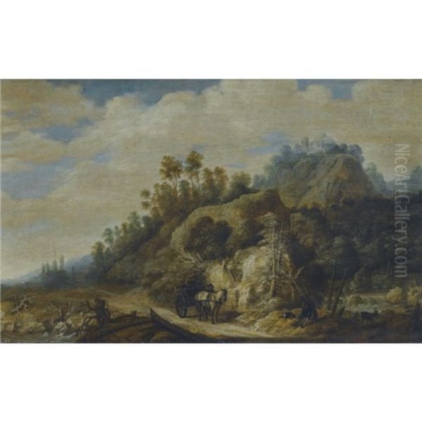 A Mountainous Landscape With Figures Walking Along A Path With A Horse And Cart Oil Painting by Joachim Govertsz Camphuysen