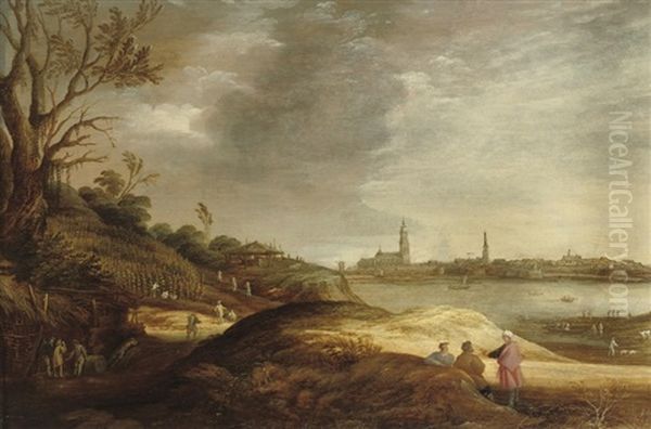 A River Landscape With Farmers Harvesting Oil Painting by Joachim Govertsz Camphuysen