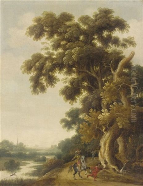 A Wooded Landscape With A Cavalier And A Dog Oil Painting by Joachim Govertsz Camphuysen