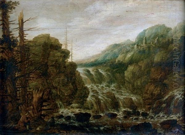 A Mountainous Wooded Landscape With A Man Resting Beside A Cascade, A Hill Top Town In The Distance Oil Painting by Joachim Govertsz Camphuysen