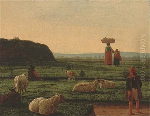 A Shepherd And His Flock With Farm Hands Oil Painting by Joachim Govertsz Camphuysen