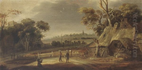 A Wooded Landscape With Figures Conversing Near A Farm And Travellers On A Path, A Village Beyond Oil Painting by Joachim Govertsz Camphuysen