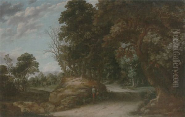 A Wooded Landscape With Travellers Resting On A Path Oil Painting by Joachim Govertsz Camphuysen