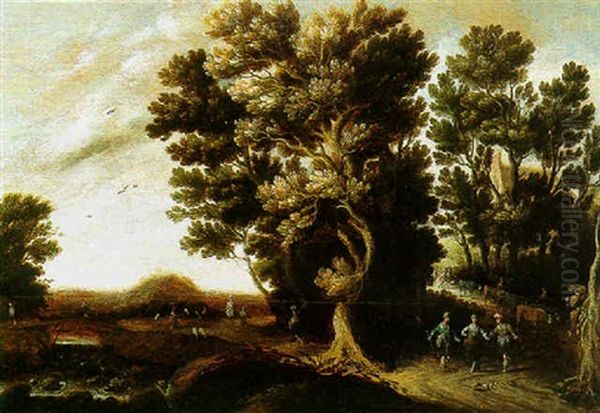 A River Landscape With Herdsmen And Animals On A Track Oil Painting by Joachim Govertsz Camphuysen