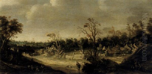 An Extensive Wooded Landscape With Travellers And A Settlement Beyond Oil Painting by Joachim Govertsz Camphuysen