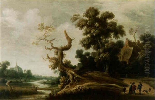 A River Landscape With Travellers Conversing On A Path Oil Painting by Joachim Govertsz Camphuysen