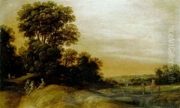 A Wooded Landscape With Peasants Conversing On A Track Oil Painting by Joachim Govertsz Camphuysen