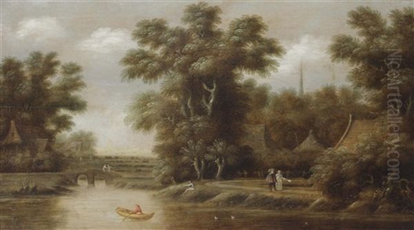 A Wooded River Landscape With An Elegant Couple Conversing And A Man In A Rowing Boat At The Edge Of A Village Oil Painting by Rafael Govaertsz Camphuysen