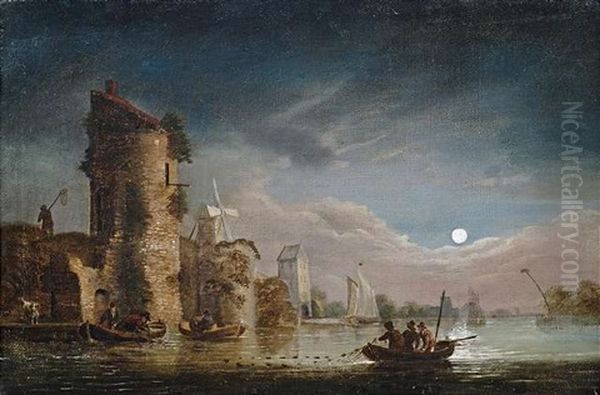 Nachtliche Flusslandschaft Bei Mondschein Oil Painting by Rafael Govaertsz Camphuysen