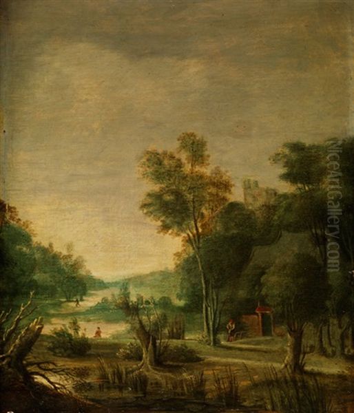 Flusslandschaft Mit Jungen Baumen Und Kruppelweiden Am Ufer Sowie Figurenstaffage Und Einer Burgruine Auf Einer Rechten Anhohe Oil Painting by Rafael Govaertsz Camphuysen