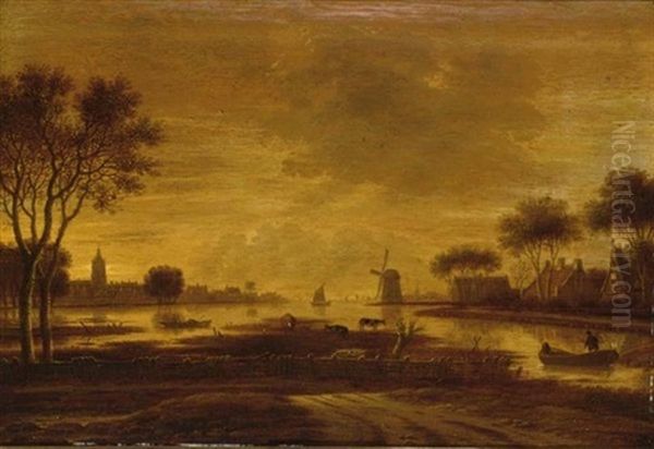 A River Landscape With A Village And A Windmill, A Boat With Fishermen To The Foreground Oil Painting by Rafael Govaertsz Camphuysen