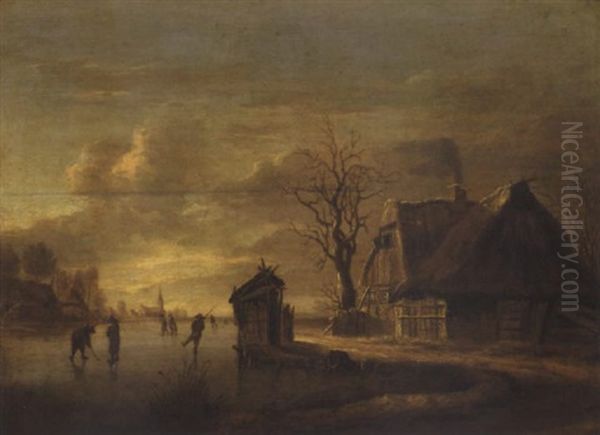 A Winter Landscape With Skaters Before A Cottage Oil Painting by Rafael Govaertsz Camphuysen